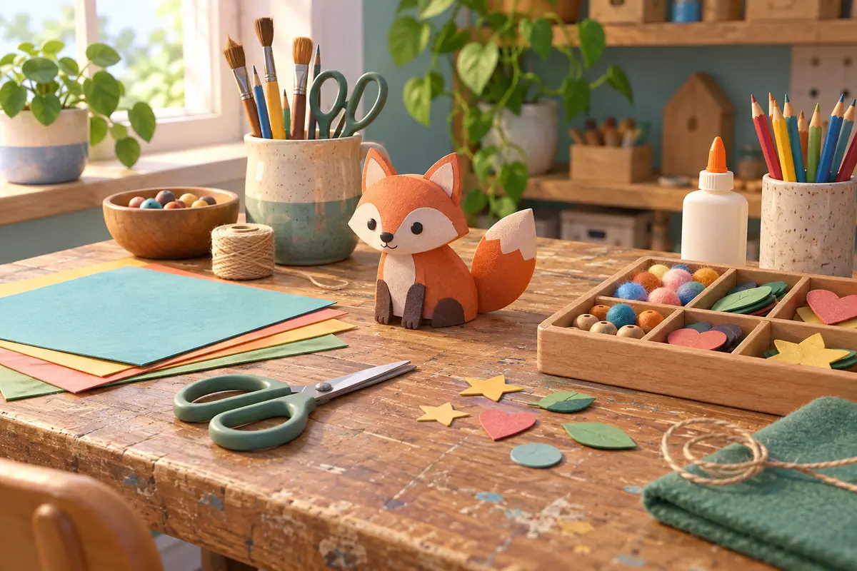 A scratched worktable holds neatly arranged craft materials.