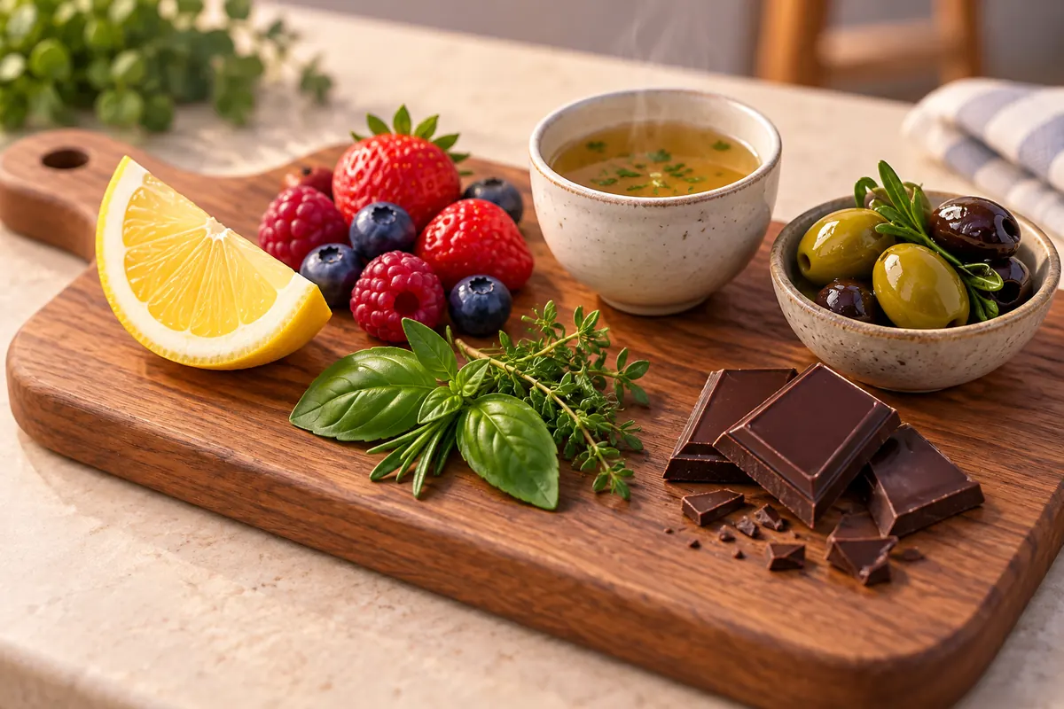 A tasting board shows citrus, berries, olives, broth, herbs, and chocolate.