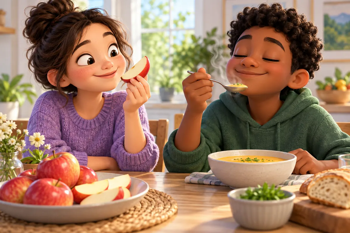 Friends compare a crisp apple slice and creamy soup at a table.