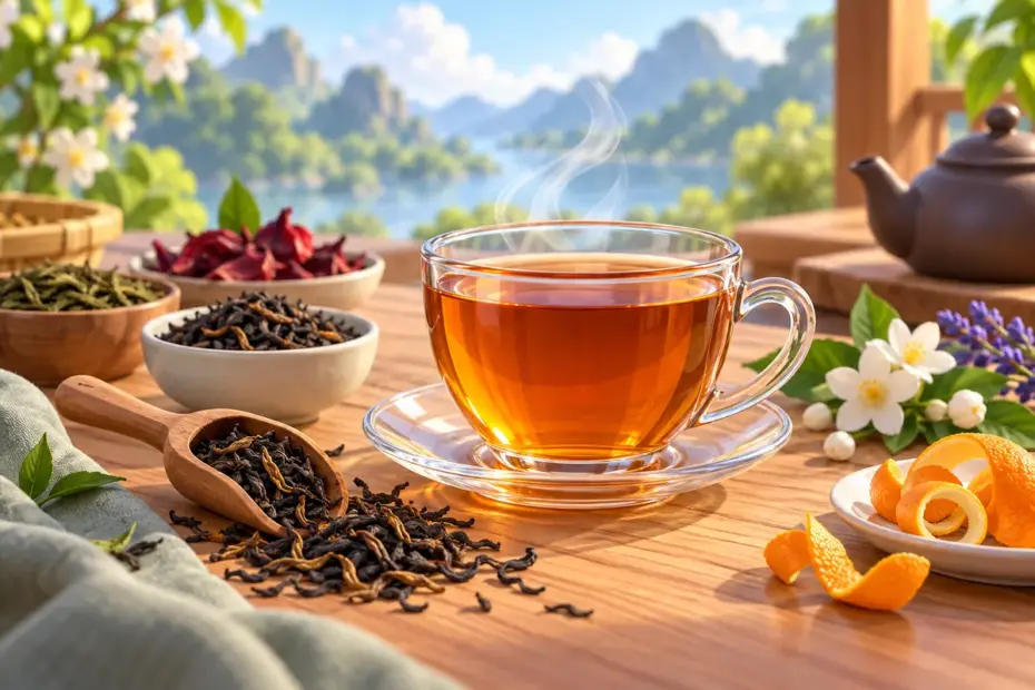 A freshly poured cup of tea sits beside loose leaves and flowers in a bright tasting setting.