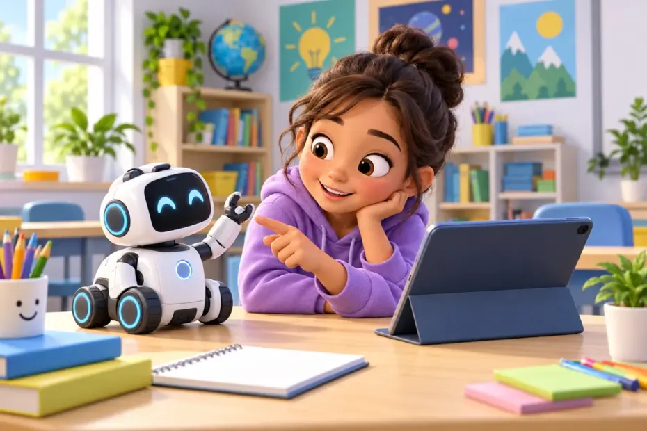 A student explores a small educational robot and tablet in a bright classroom.