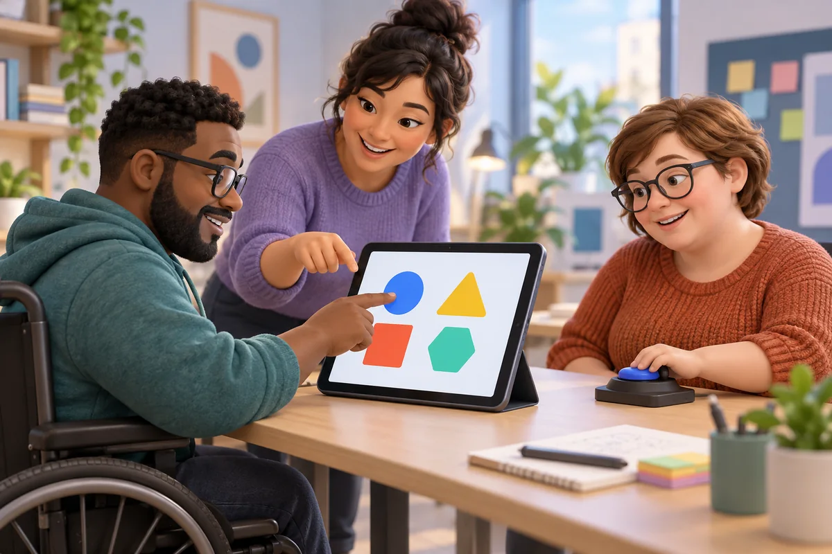 A product designer tests a tablet interface with users who have different access needs.