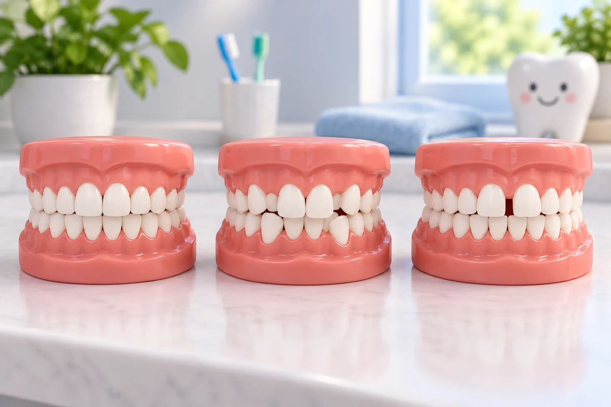Three friendly dental models show straight, crowded, and spaced tooth alignment.
