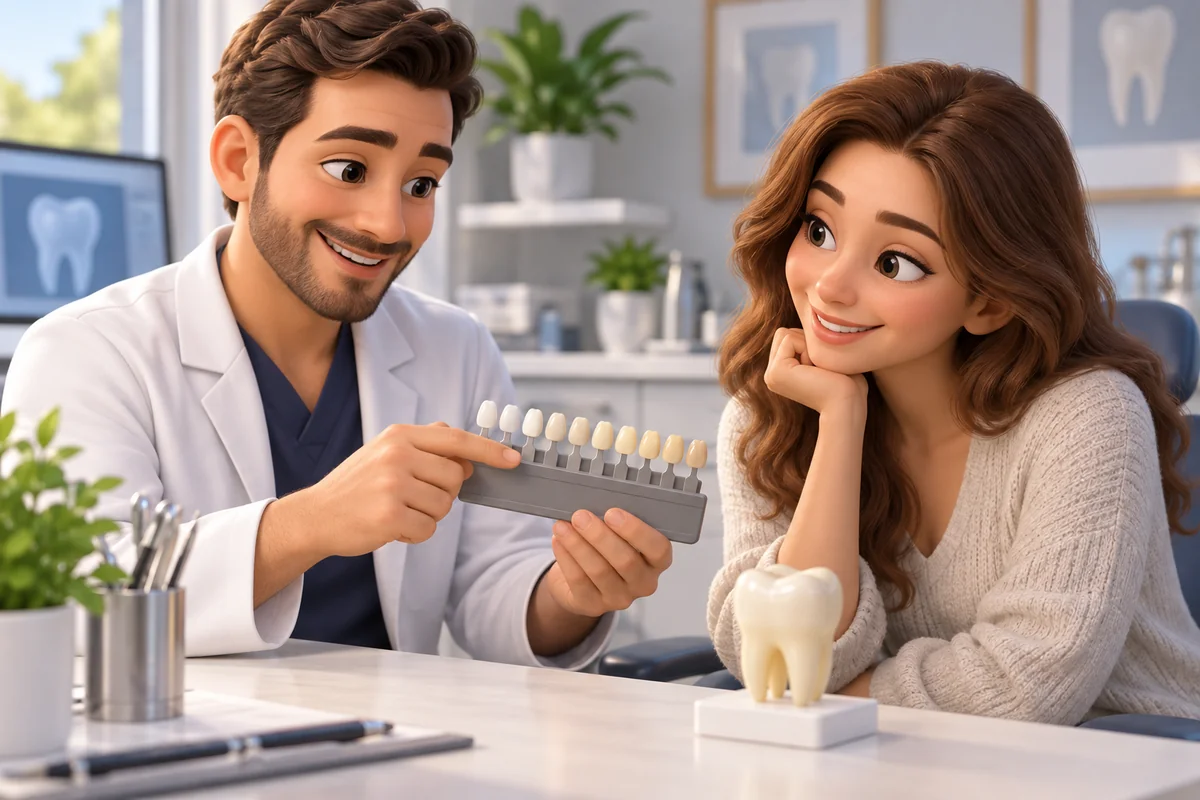 A dentist and patient compare tooth-color samples during a calm consultation.