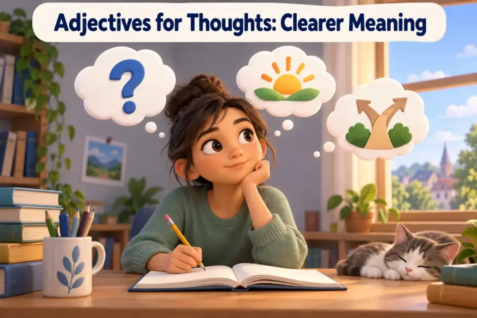 A student pauses at a notebook with simple question, sunrise, and branching-path icons in thought bubbles.