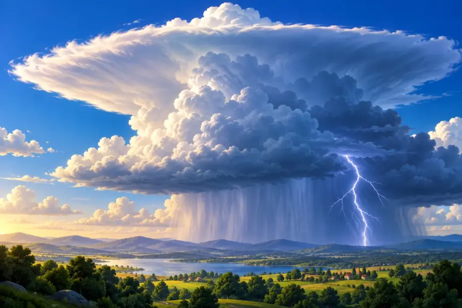 A towering cumulonimbus cloud builds over the countryside with a rain shaft and branching lightning.