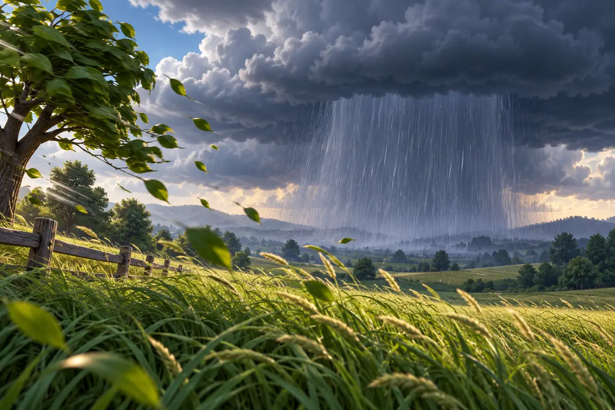 A rain shaft descends from a layered thundercloud while a gust bends tall grass beside a field.
