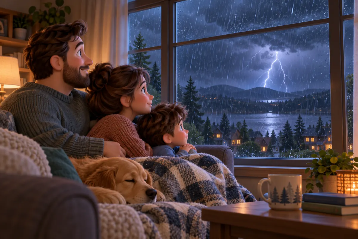 A family watches rain and distant lightning through a window from inside a sturdy home.