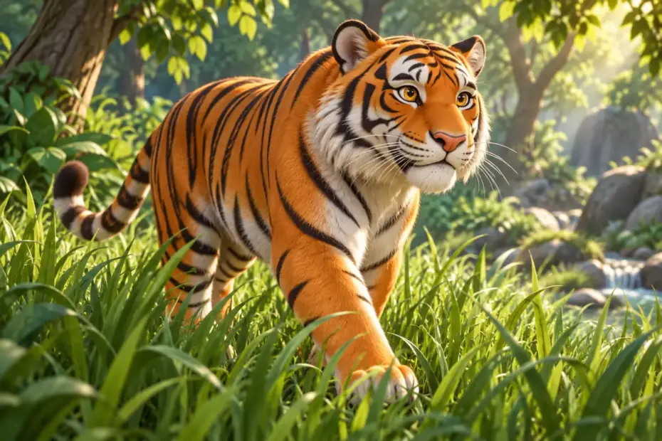 A tiger moves through tall green grasses beneath dappled forest light.