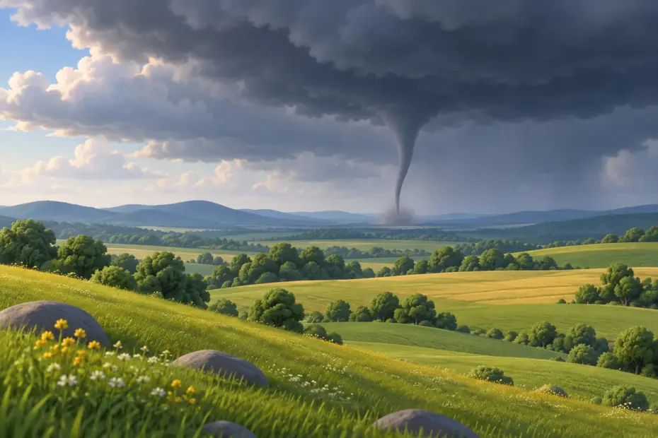 A distant funnel-shaped tornado hangs beneath a dark storm cloud over an empty rural field.