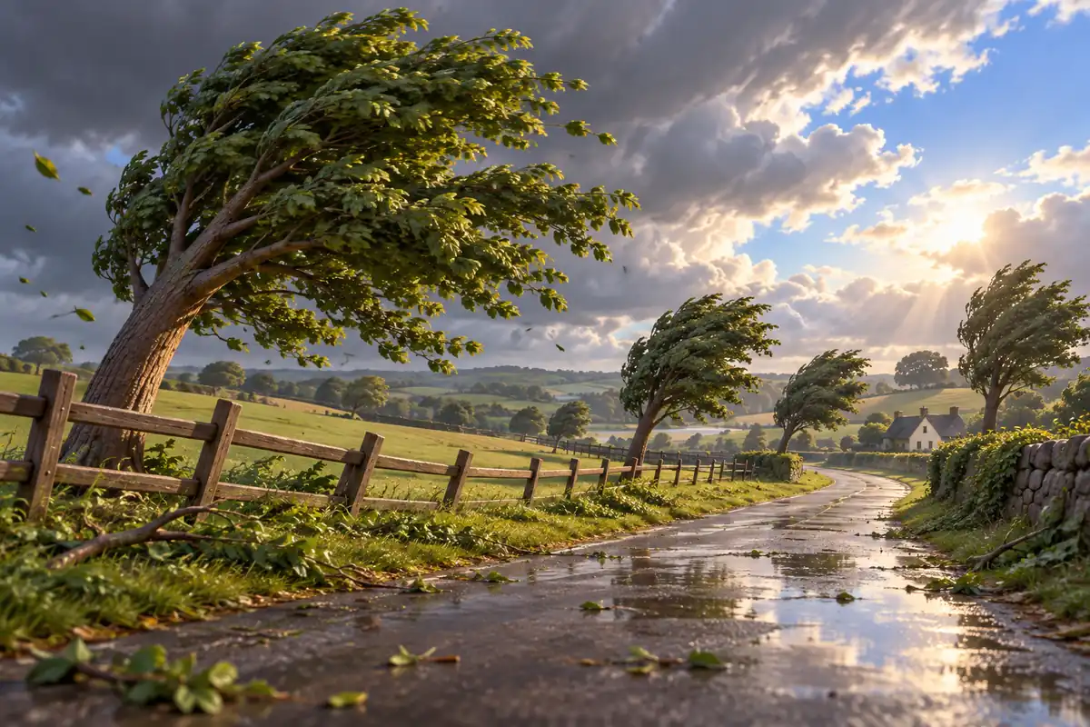 A row of trees and fence panels lean in the same direction beneath a fading storm sky, suggesting wind damage.
