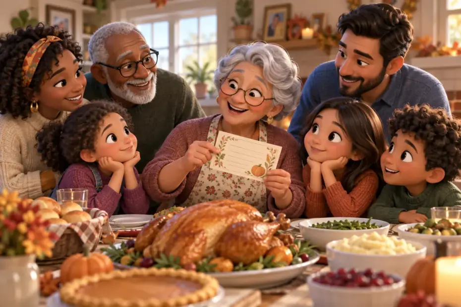 A multigenerational family shares a meal and a recipe card.