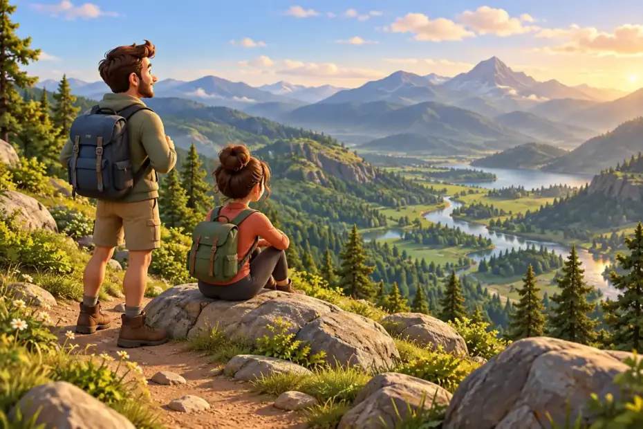 Travelers look across a scenic mountain valley from a marked viewpoint.