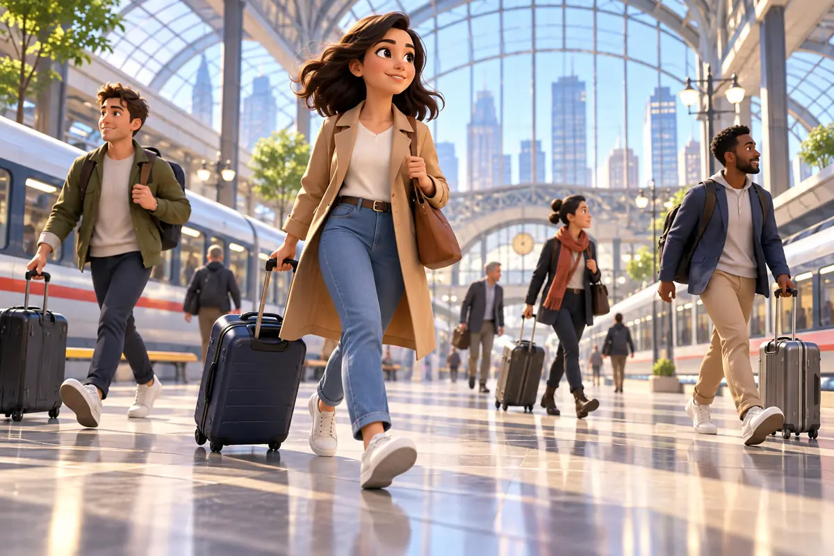 A busy train station platform shows a bustling travel scene with travelers and rolling bags.