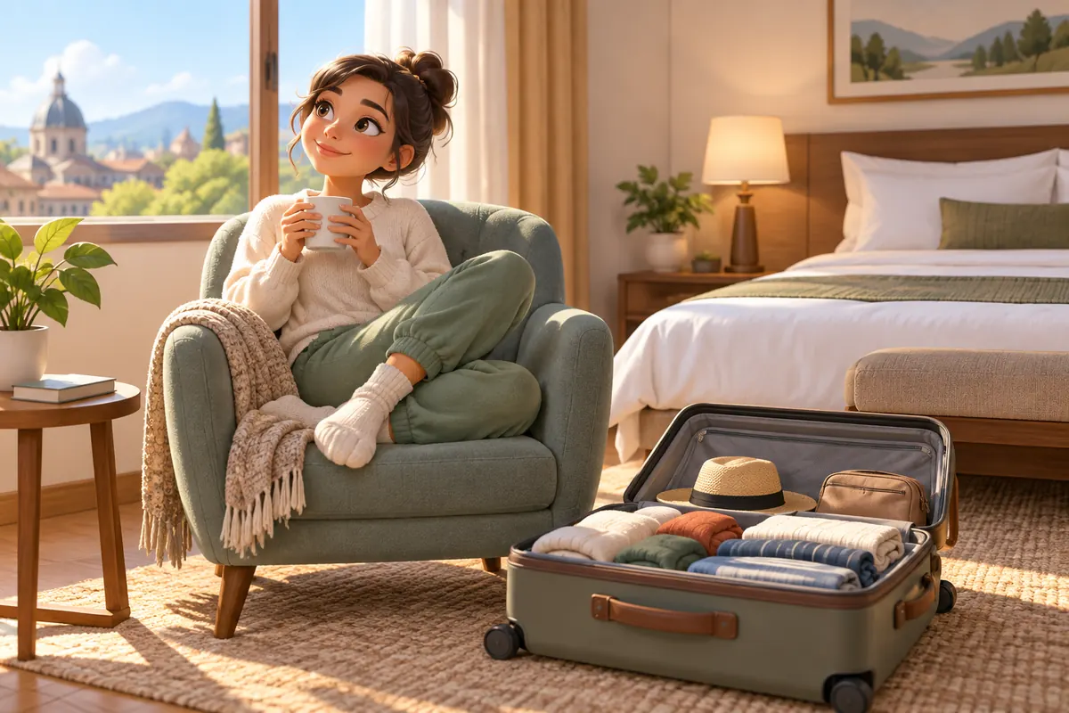 A traveler rests beside an open suitcase in a comfortable, sunlit hotel room.