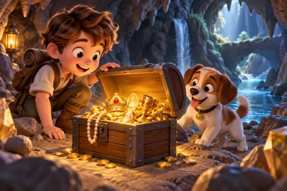 A small chest holds glittering golden objects in a playful cave scene.
