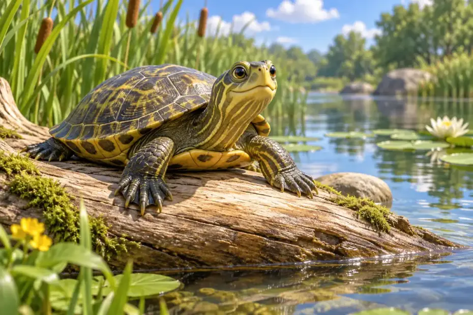 A pond turtle with a patterned shell rests on a sunny log.