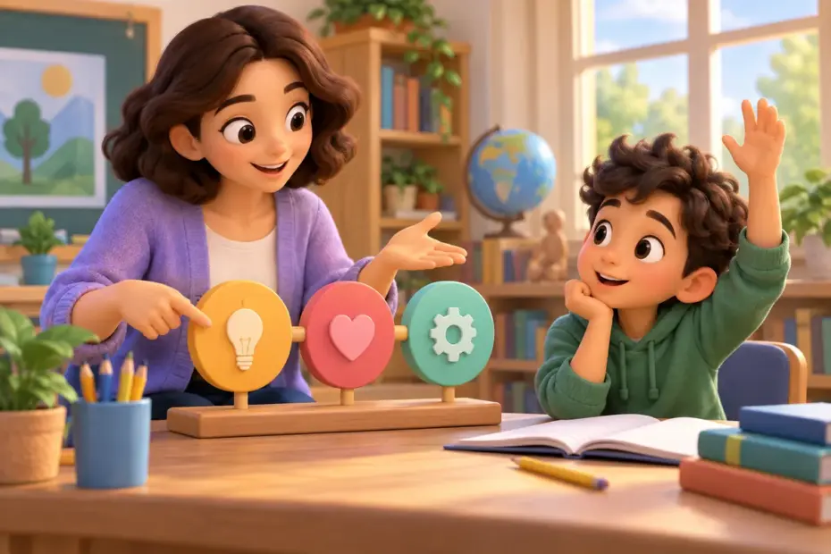 A teacher explains a colorful model as a student follows the steps and asks a question.