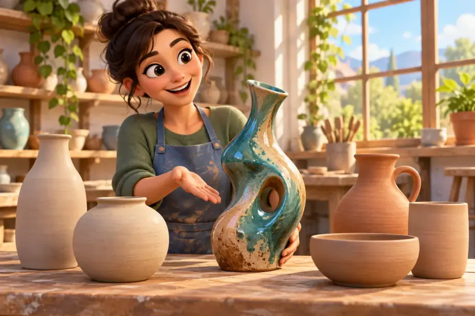 A ceramic artist displays an unusual handmade vase among familiar shapes in a sunlit studio.