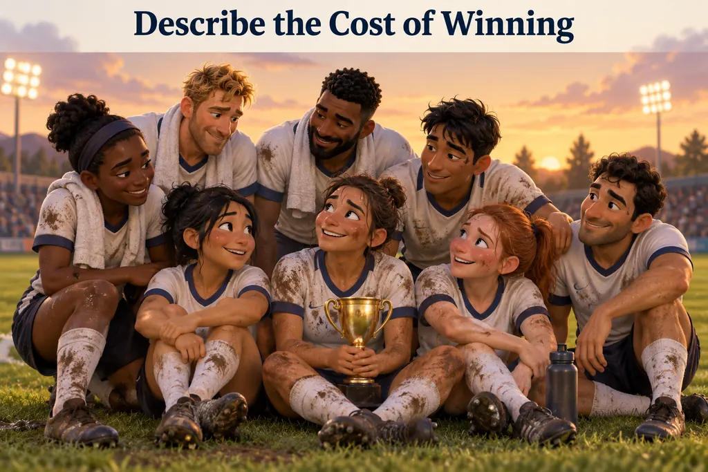 Players gather around a trophy after a demanding match, their tired expressions emphasizing the effort behind the win.