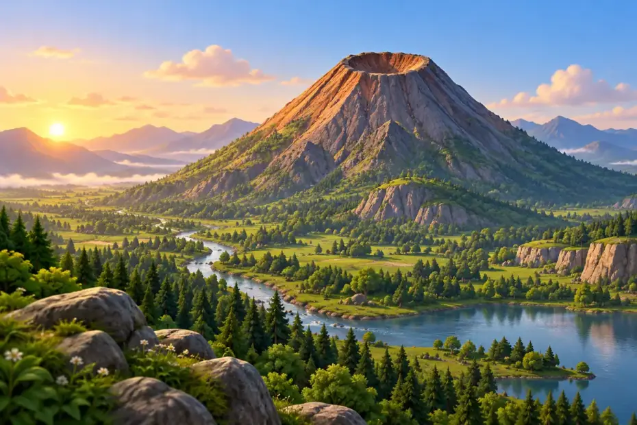 A steep, cratered volcano rises above a green valley.
