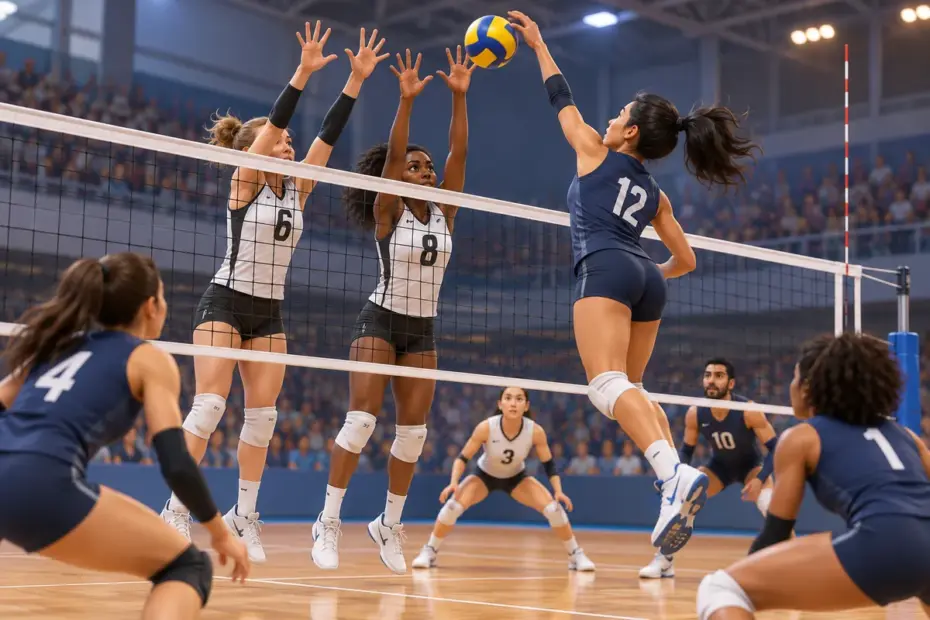 Volleyball players leap at the net during a fast-paced indoor rally.