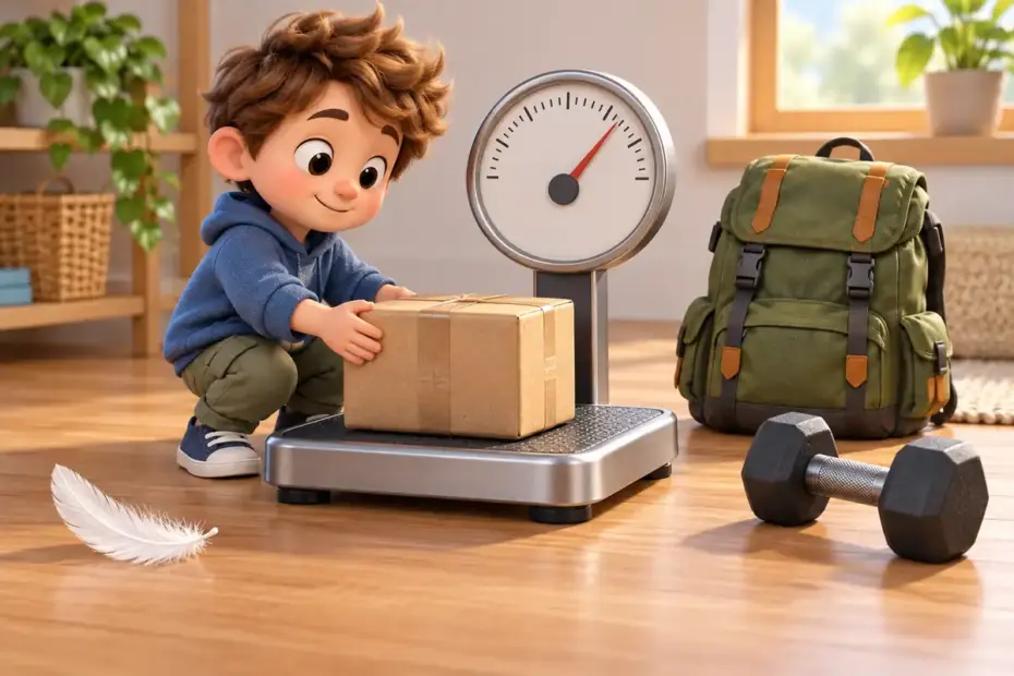 A character weighs a parcel on a scale near a backpack, feather, and dumbbell.