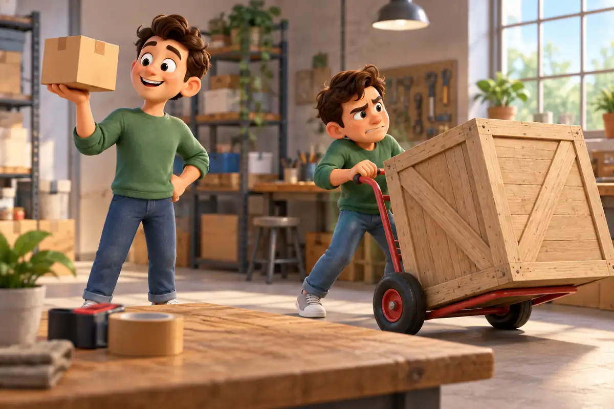 A character lifts a small parcel while another moves a larger crate on a dolly.