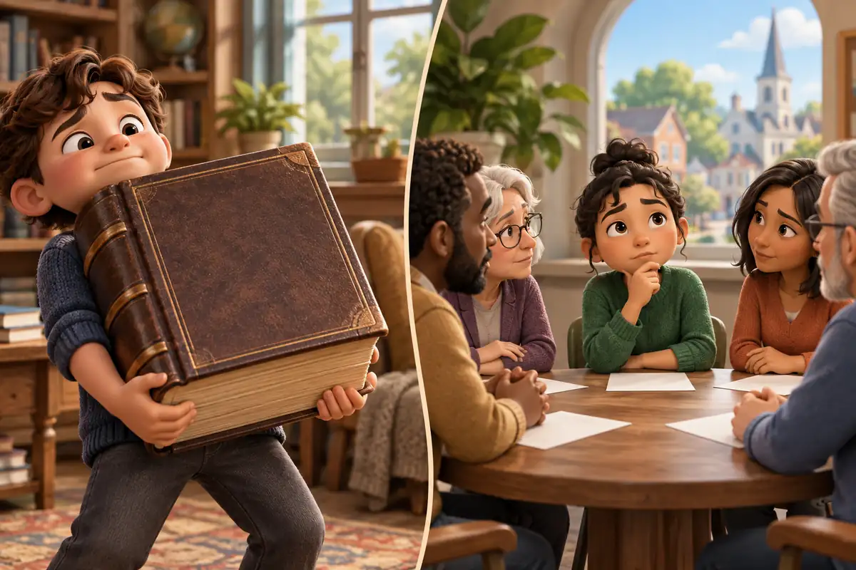 A child carries a large book while a group considers a decision around a table.