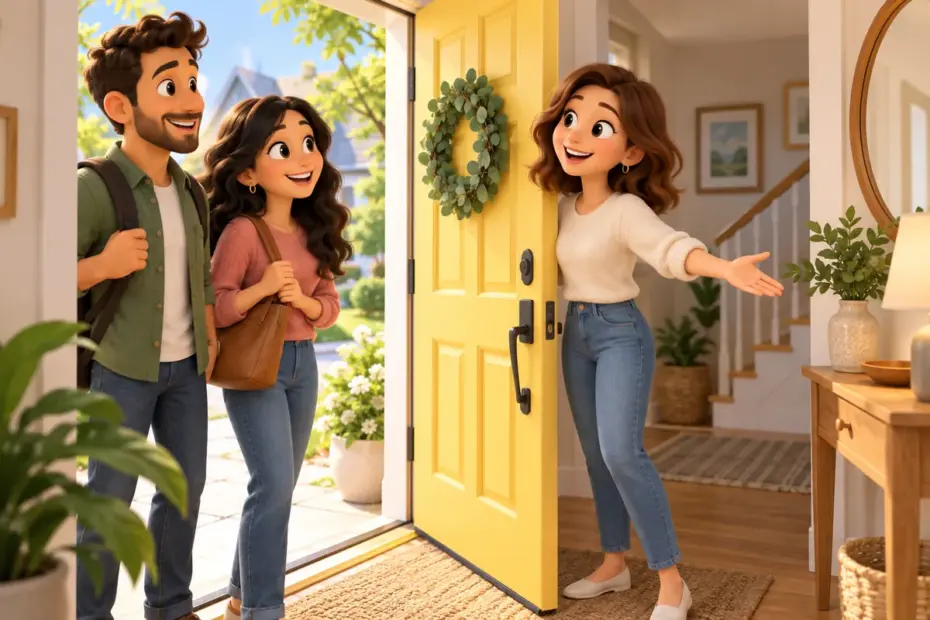 A smiling host welcomes two visitors at an open front door.
