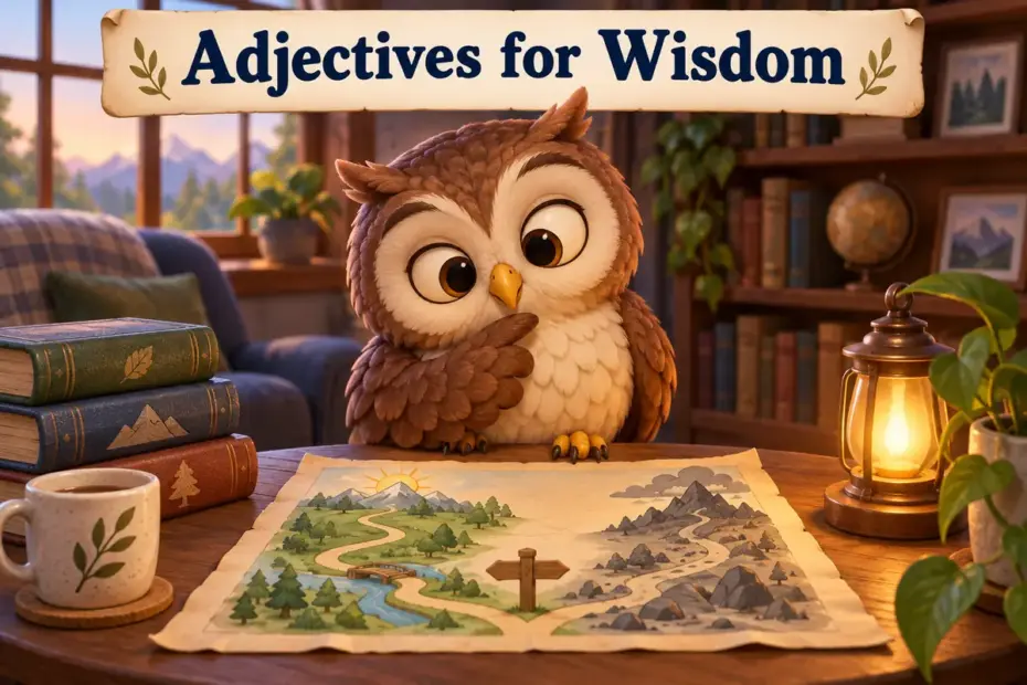 A thoughtful 3D owl compares a compass and map in a warm reading nook beneath the title Adjectives for Wisdom.