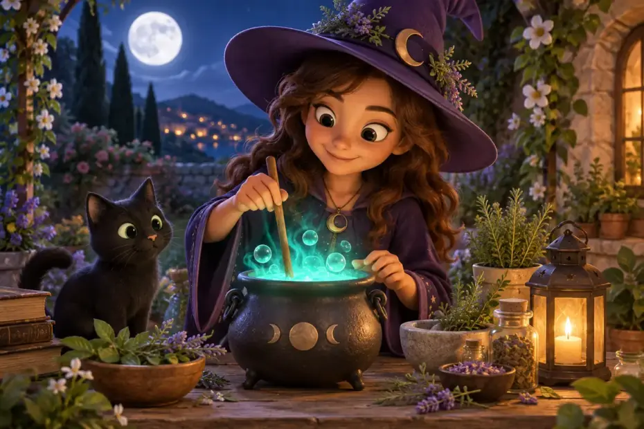A friendly fantasy witch in a violet hat stirs a glowing teal potion among herbs in a moonlit garden.