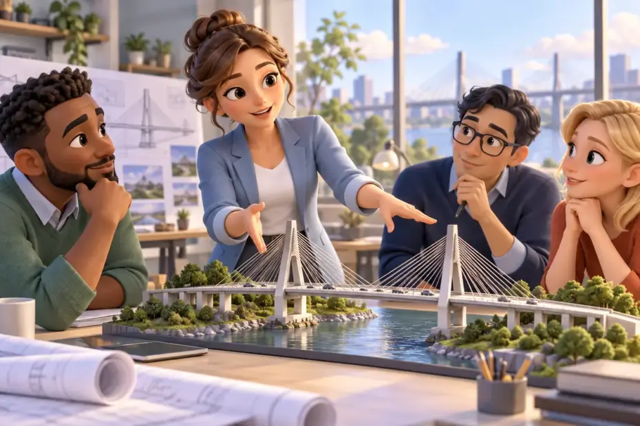 A skilled woman engineer explains a model bridge to colleagues.