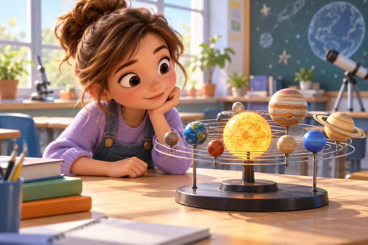 A curious girl examines a science model in a bright classroom.