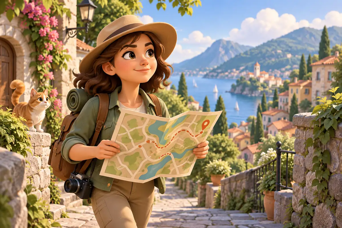 A woman traveler studies a map in a leafy town.