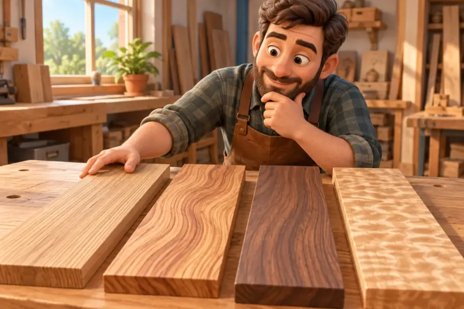 A woodworker compares boards with different grain patterns.