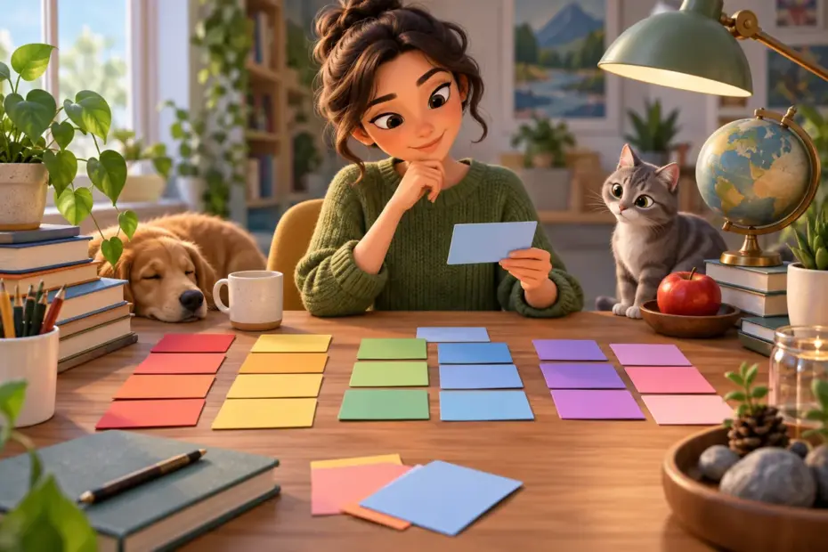 A writer arranges blank word cards by tone and studies objects for precise descriptions.
