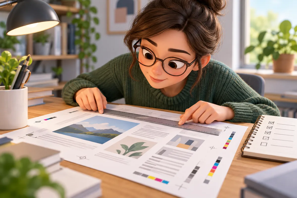 A meticulous editor checks a page proof with a ruler and a small checklist.