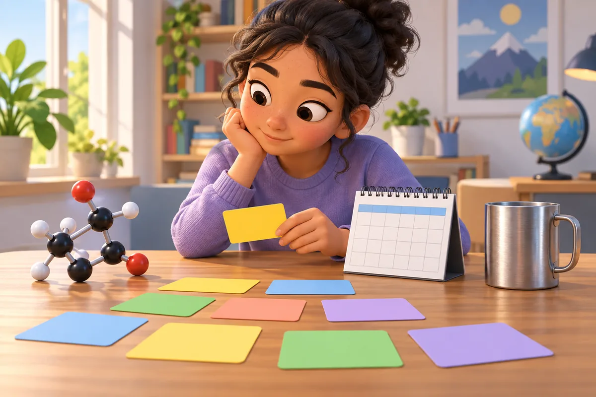 A learner compares a scientific model, a monthly calendar, and a metallic object while sorting descriptive words.