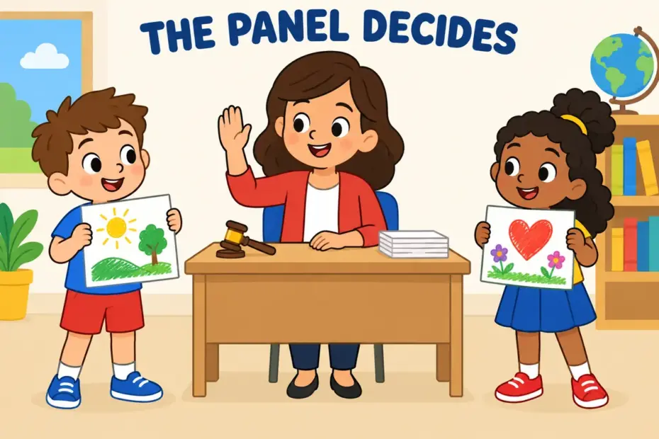 Cartoon children hold up two competing drawings while a teacher decides, showing adjudicate in a sentence as a fair ruling.