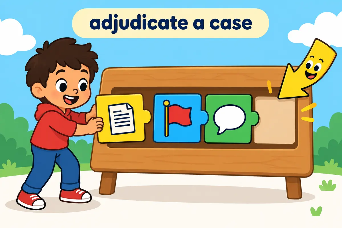 Three cartoon cards show a case, a claim and a protest slotting into the object position after adjudicate.