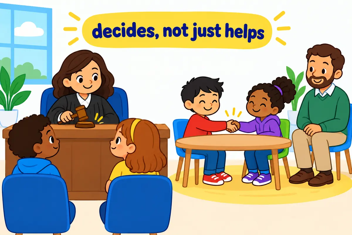 A cartoon single continuous scene contrasts an authority figure imposing a ruling with two children shaking hands.
