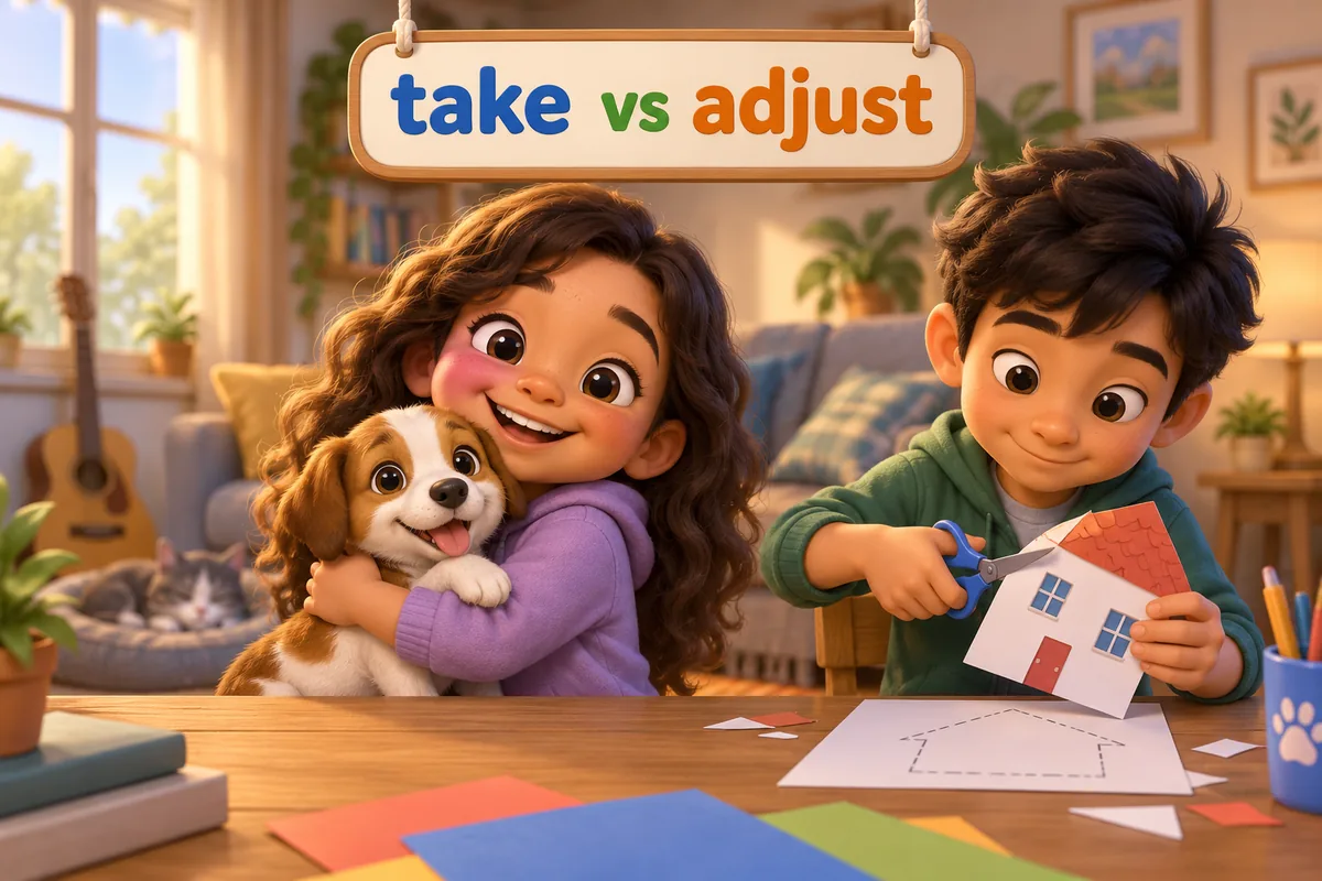 Cartoon children show adopt vs adapt: one child hugs a found pet as their own while another trims a paper model to fit.