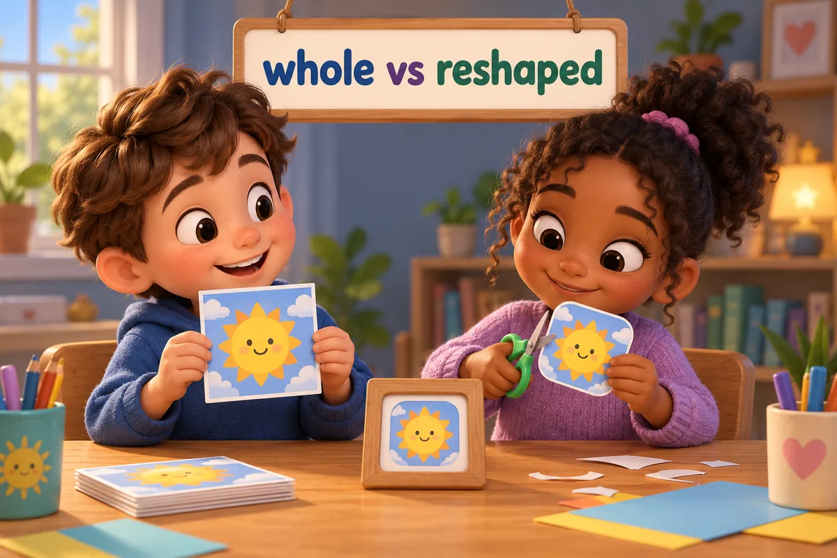 Two cartoon children at a craft table, one holding an unaltered picture card and the other carefully trimming a card to fit a frame.