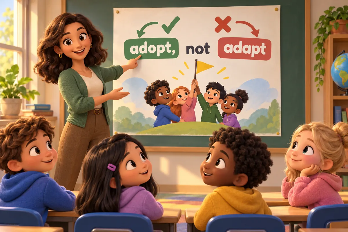 A cartoon teacher points to a poster where a group takes up a flag, correcting an arrow towards the adopt label.