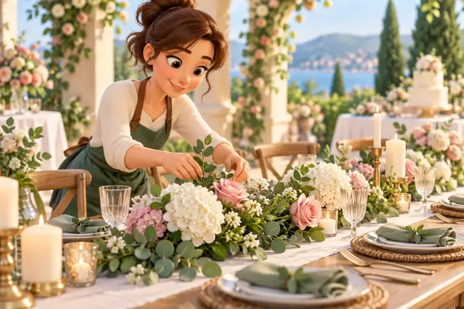 A florist arranges fresh flowers and greenery across a celebration table.