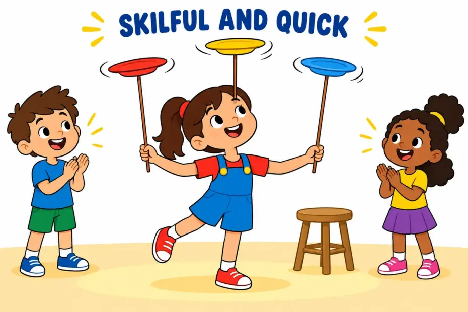 A cartoon girl balances spinning plates with adroit hands, showing adroit in a sentence as quick, graceful skill.