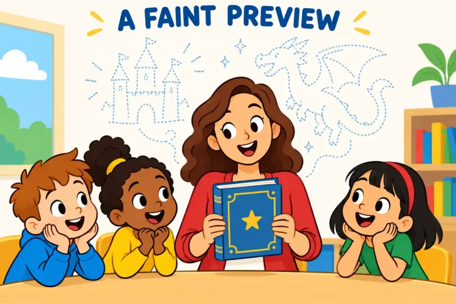 A cartoon teacher previews a story with faint dot outlines, showing adumbrate in a sentence as hinting at what comes.