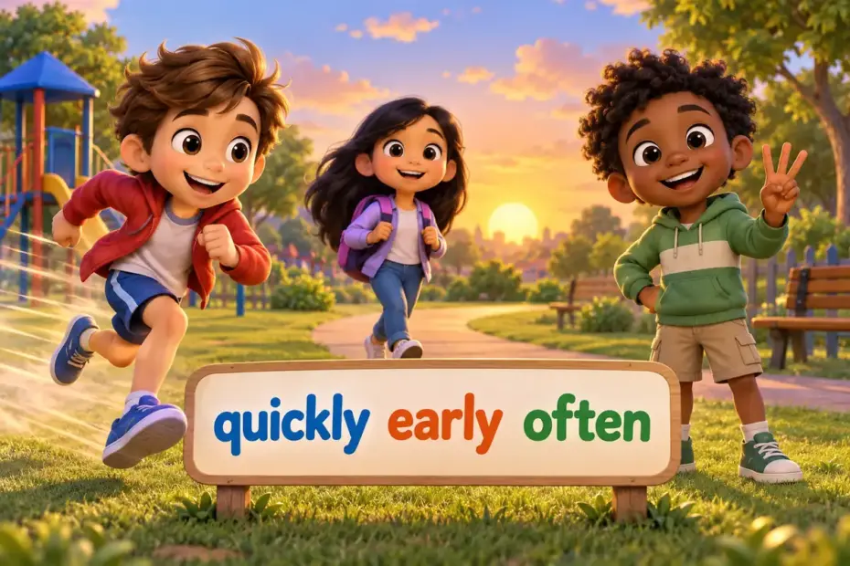 Cartoon children move in different ways to show adverbs definition types and examples such as quickly, early and often.