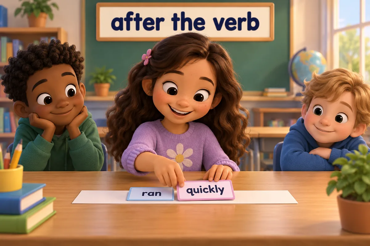 A cartoon child places a card reading quickly directly after a verb card reading ran on a strip.